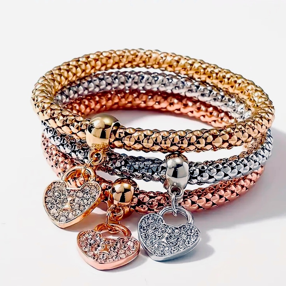 New - Gorgeous Rhinestone-Studded Heart Charm Stretch Bracelets Set